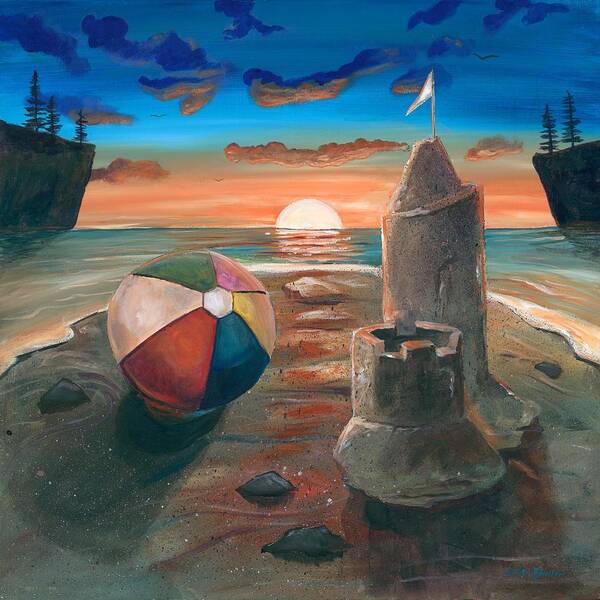 Beach Ball Art Print featuring the painting Beach Ball Sand Castle at Sunset by Shelli Bowler