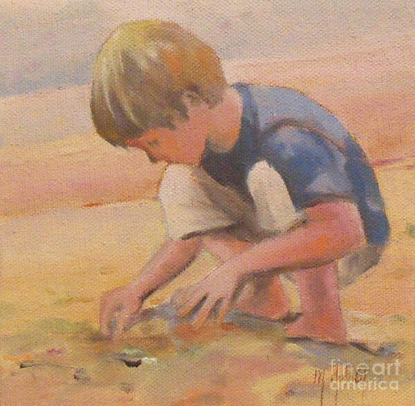 Mary Hubley Art Print featuring the painting Beach Bum boy in the sand by Mary Hubley