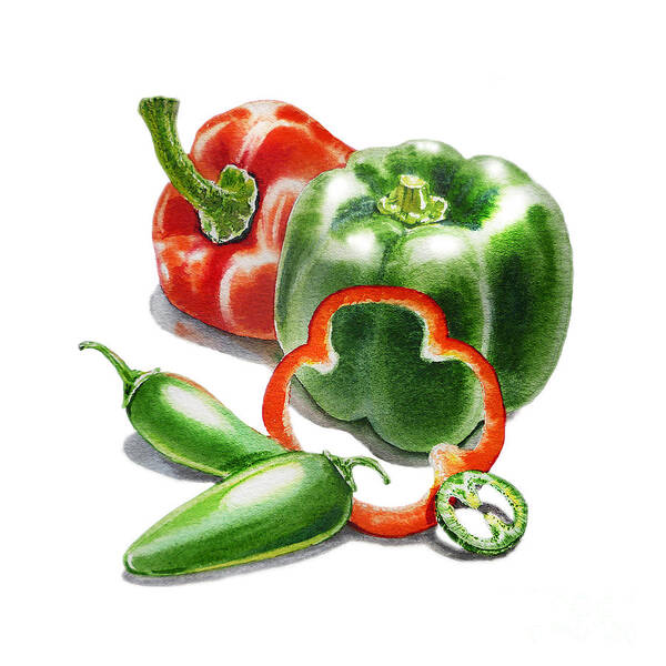 Pepper Art Print featuring the painting Bell Peppers Jalapenos by Irina Sztukowski