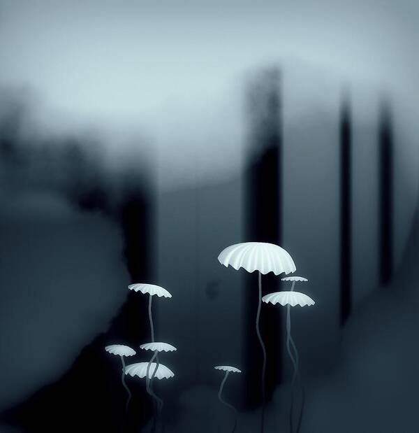 Black And White Mushrooms Art Print featuring the digital art Black And White Mushrooms by GuoJun Pan