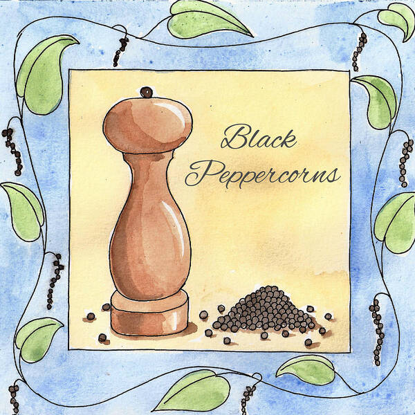 Pepper Art Print featuring the painting Black Peppercorns Kitchen Art by Christy Beckwith