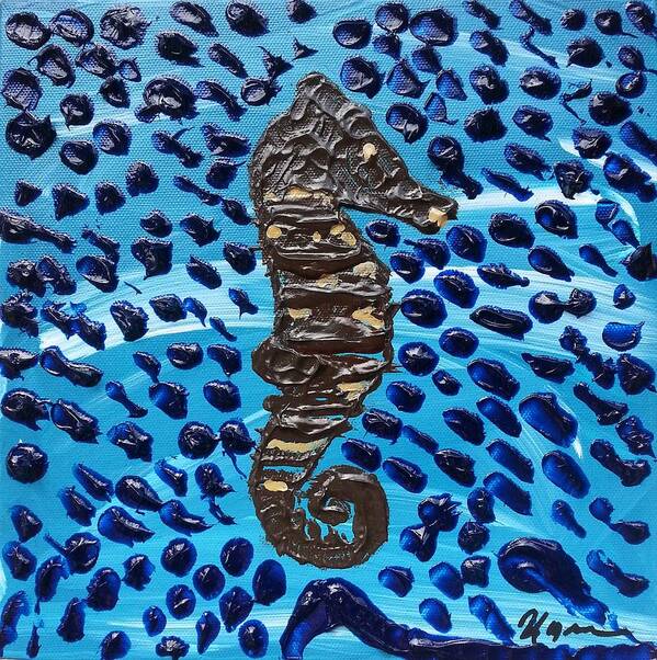 Abstract Black Sea Horse In Abstract Ocean. Blue Ocean Dots Are Highly Textured And Rise Up Off The Canvas By 1/4 Inch. Seahorse Is Varnished To Give A Shiny Look And Feel To Make It Pop Off The Canvas. Signed By Kyle Moran In Lower Right Corner.great For Pool/patio Areas Or Spas And Vacation Villas. Art Print featuring the painting Black Sea Horse by Kyle Moran