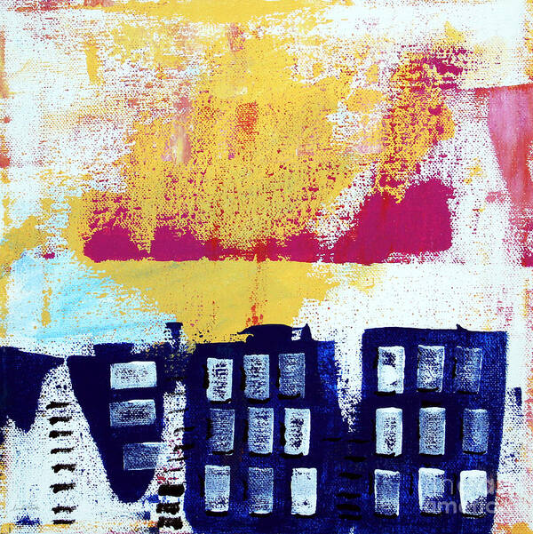 Abstract Urban Landscape Art Print featuring the painting Blue Buildings by Linda Woods