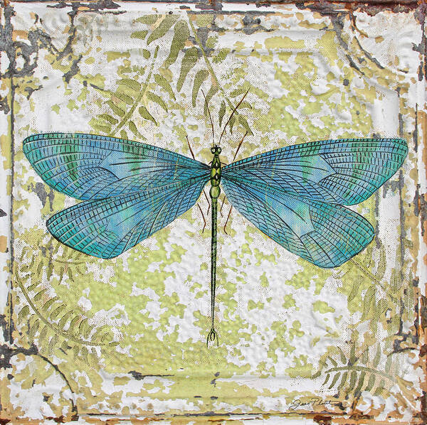 Acrylic Painting Art Print featuring the painting Blue Dragonfly on Vintage Tin by Jean Plout