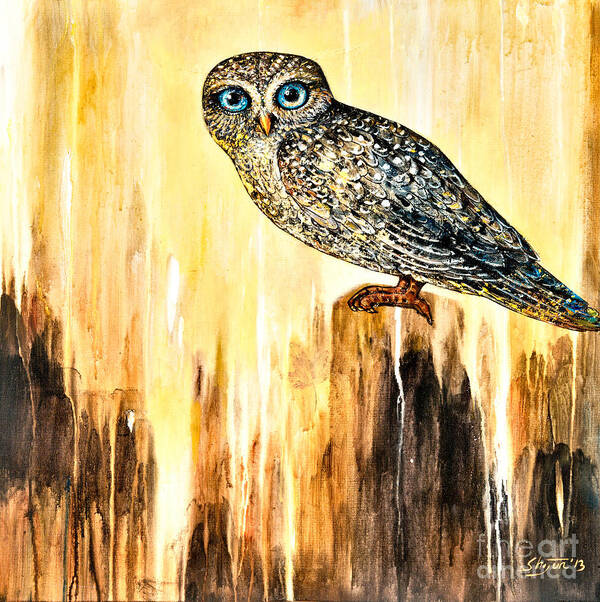 Owl Art Print featuring the painting Blue Eyed Owl by Shijun Munns