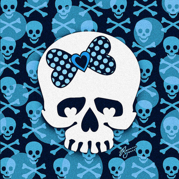 Blue Art Print featuring the digital art Blue Polka Dot Bow Skull by Roseanne Jones
