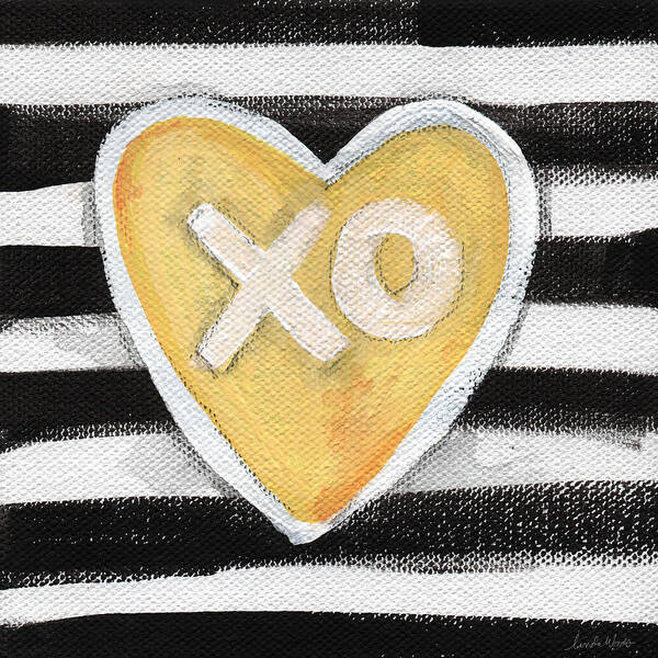 Love Heart Valentine Romance Stripes Black White Yellow Grey Pop Art Contemporary Art Watercolor Ink Painting Xo Family Friend Wife Husband Bedroom Art Kitchen Art Living Room Art Gallery Wall Art Art For Interior Designers Hospitality Art Set Design Wedding Gift Art By Linda Woodspillow Art Print featuring the painting Bold Love by Linda Woods