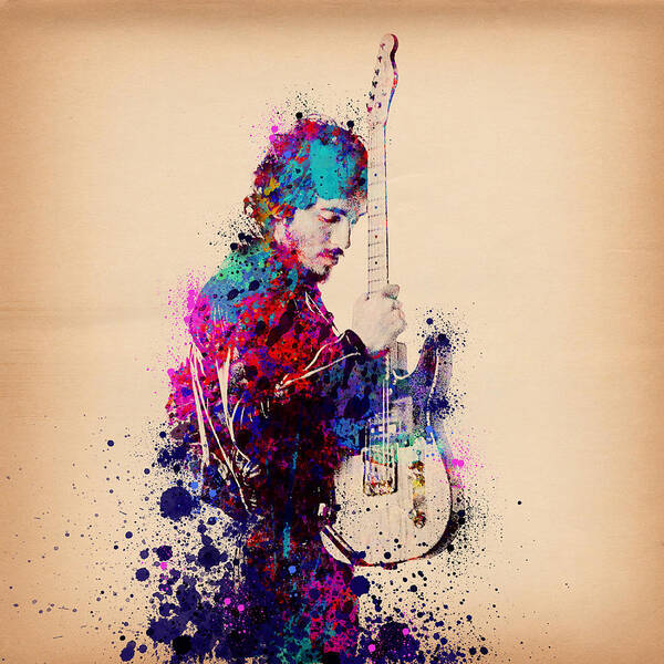 Music Art Print featuring the painting Bruce Springsteen Splats And Guitar by Bekim M