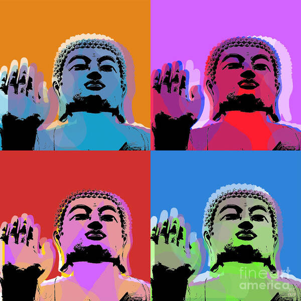 Buddha Art Print featuring the digital art Buddha Pop Art - 4 panels by Jean luc Comperat