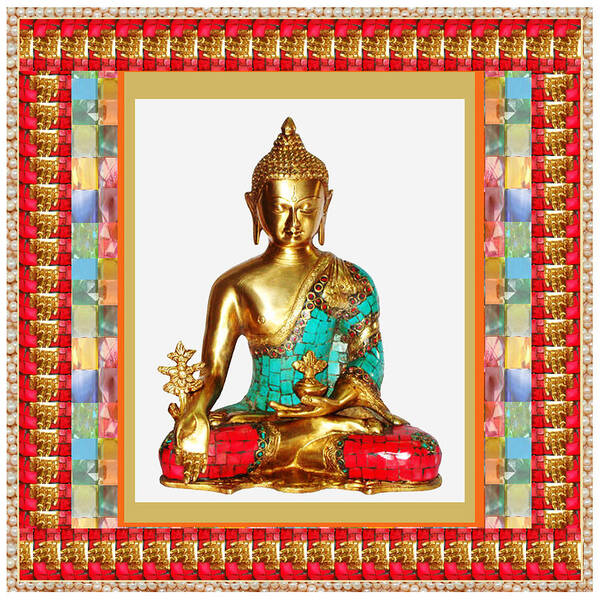 Buddha Art Print featuring the painting Buddha Sparkle Bronze Painted n Jewel Border Deco NavinJoshi Rights Managed Images Graphic Design i by Navin Joshi