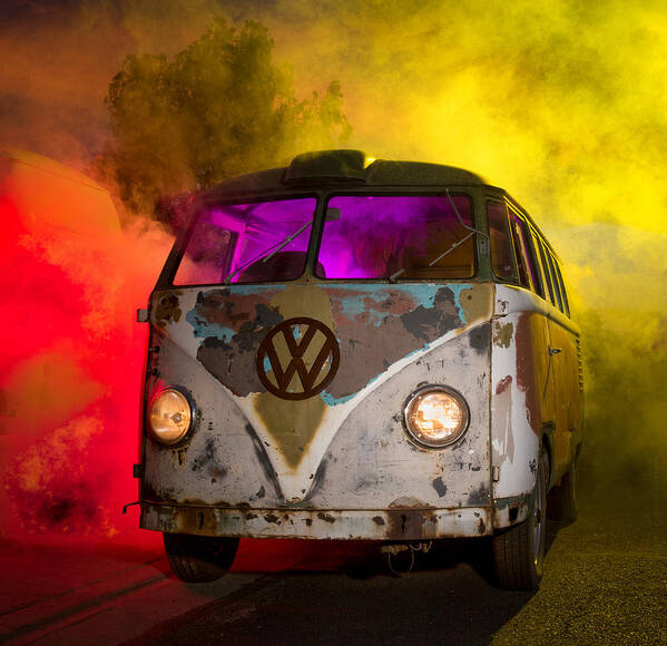 Barndoor Art Print featuring the photograph Bus In A Cloud of Multi-color Smoke by Richard Kimbrough