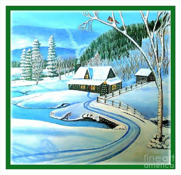 Winter Scene Cabin Mountain Home Nestled Below A Mountain Covered With Evergreen Deciduous Trees Frozen Pond In Front Of Home Decorated Christmas Tree Front Porch Tall Deciduous Birch Tree In The Front With Cardinal Female Eying A Male Cardinal In A Nearby Tree Evergreens And Deciduous In The Back On The Hillside Or Mountain Purple Blue Mountains In Background With Mist Sun Coming Out Romantic Winter Scene Paintings Acrylic Paintings Art Print featuring the painting Cabin Fever at Christmastime by Kimberlee Baxter