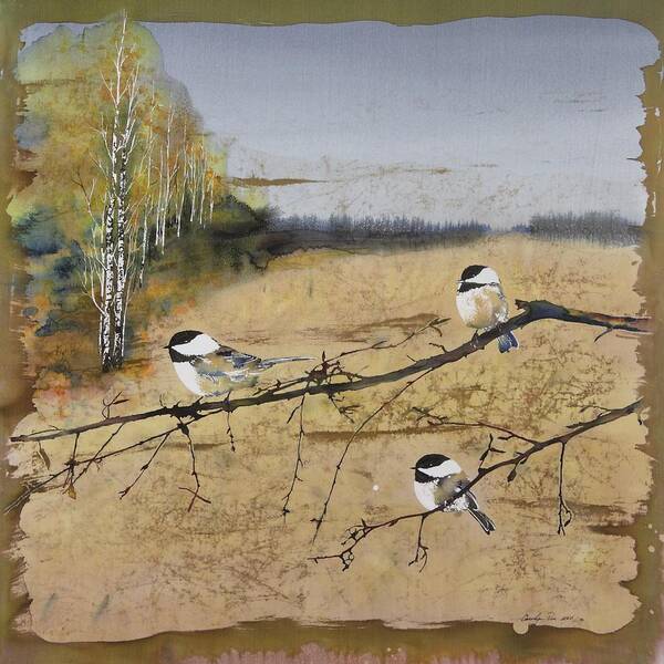 Nature Art Print featuring the tapestry - textile Chickadees and a row of Birch Trees by Carolyn Doe