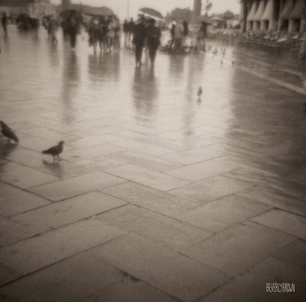 Sepia Art Print featuring the photograph Couple Walking in the Rain San Marco by Beverly Brown