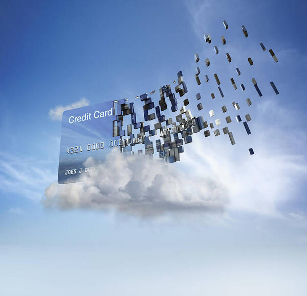 Debt Art Print featuring the photograph Credit card disintegrating into cloud in blue sky by Colin Anderson Productions Pty Ltd