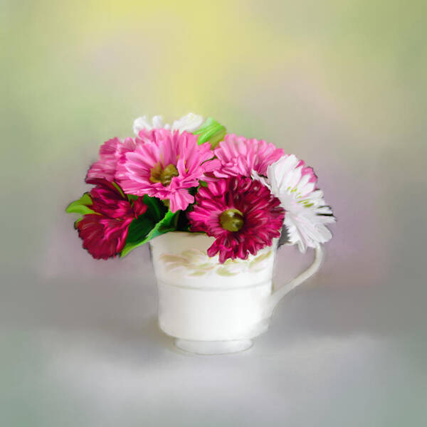 Pink Art Print featuring the painting Cup of Flowers 2 by Mary Timman