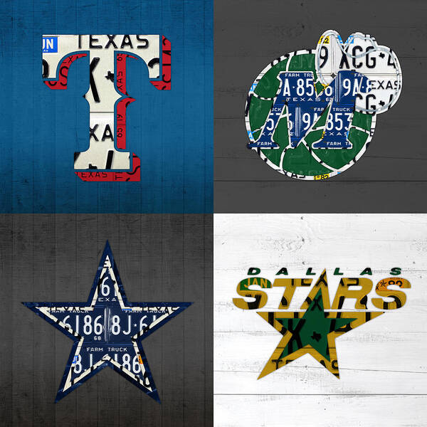 Dallas Art Print featuring the mixed media Dallas Sports Fan Recycled Vintage Texas License Plate Art Rangers Mavericks Cowboys Stars by Design Turnpike