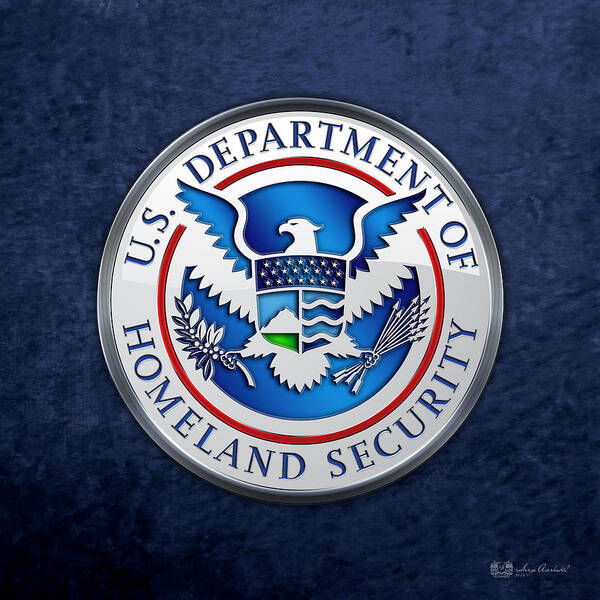 'military Insignia & Heraldry 3d' Collection By Serge Averbukh Art Print featuring the digital art Department of Homeland Security - D H S Emblem on Blue Velvet by Serge Averbukh