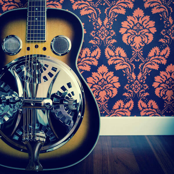 Rock Music Art Print featuring the photograph Detail Of Resonator Guitar And Damask by Naphtalina