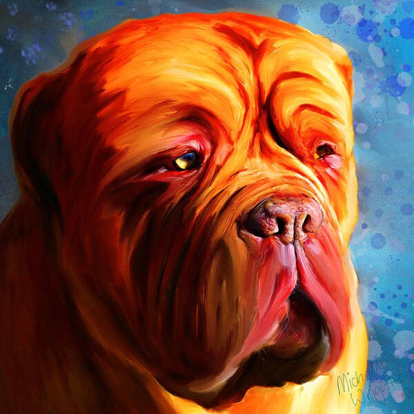 Dog Art Print featuring the painting Vibrant Dogue de Bordeaux Painting on Blue by Michelle Wrighton