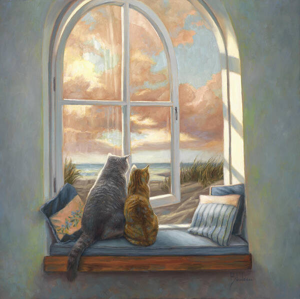 Cat Art Print featuring the painting Enjoying The View by Lucie Bilodeau