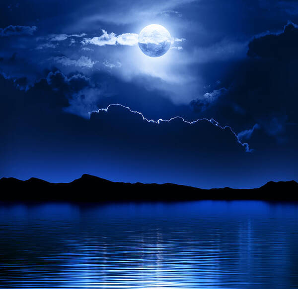 Moon Art Print featuring the photograph Fantasy Moon and Clouds over water by Johan Swanepoel