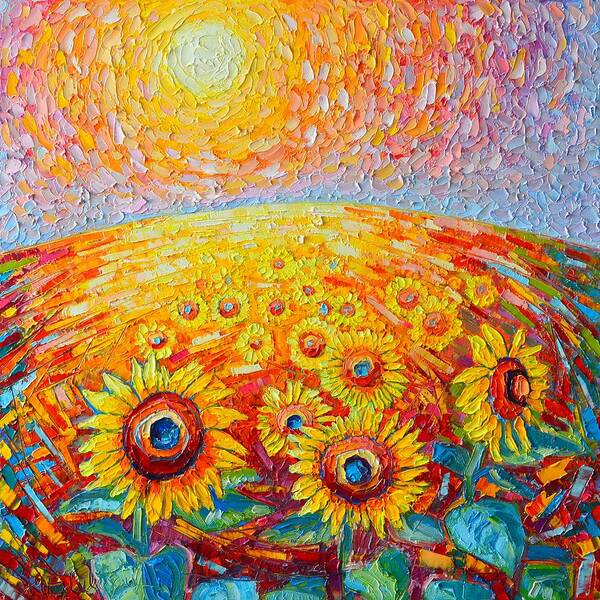 Sunflower Art Print featuring the painting Fields Of Gold - Abstract Landscape With Sunflowers In Sunrise by Ana Maria Edulescu