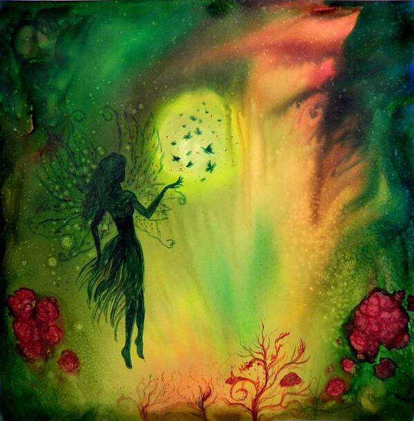 Full Moon Art Print featuring the painting Full moon Fairy and Butterflies by Lilia S