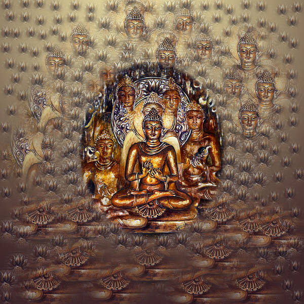 Buddha Art Print featuring the mixed media Gold Buddha by Harsh Malik