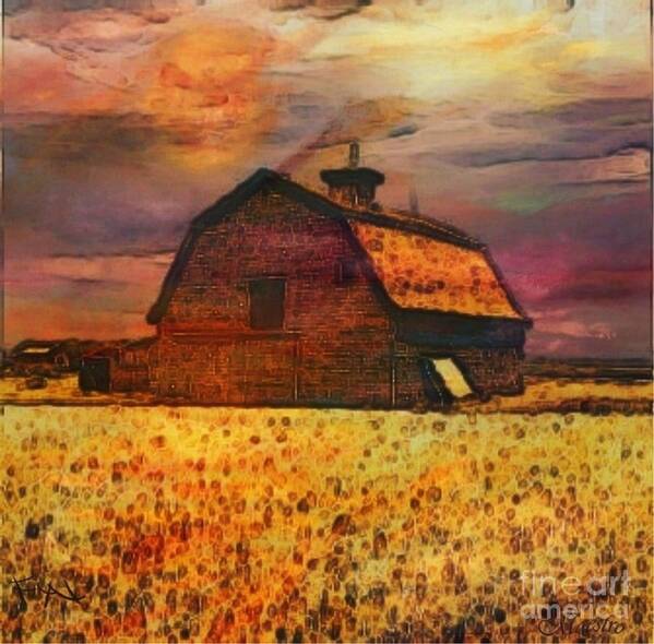 Golden Wheat Sunset Barn Painting Art Print featuring the painting Golden Wheat Sunset Barn by PainterArtist FIN