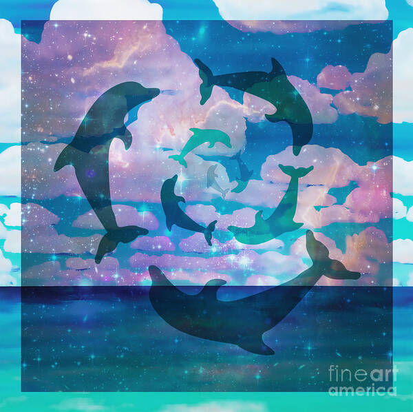 Dolphins Art Print featuring the painting Green Dolphin Dance by Shelley Myers