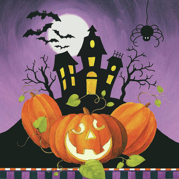 October Art Print featuring the painting Happy Haunting House On Pumpkins by Lisa Audit