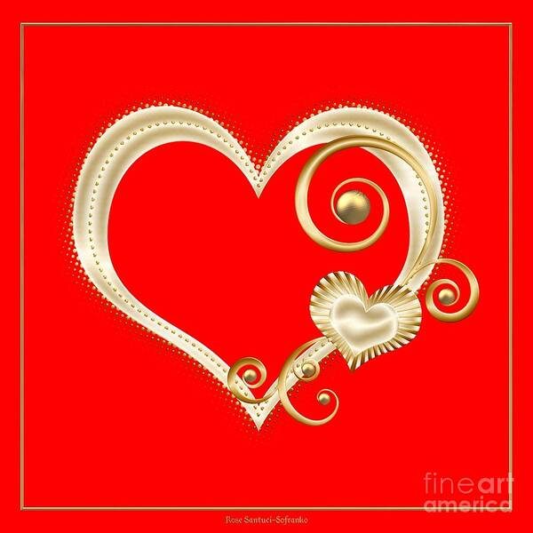 Golden Heart Art Print featuring the digital art Hearts in Gold and Ivory on Red by Rose Santuci-Sofranko