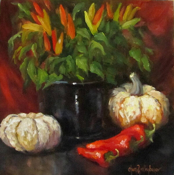 Hot Peppers Art Print featuring the painting Hot Peppers and Gourds by Cheri Wollenberg