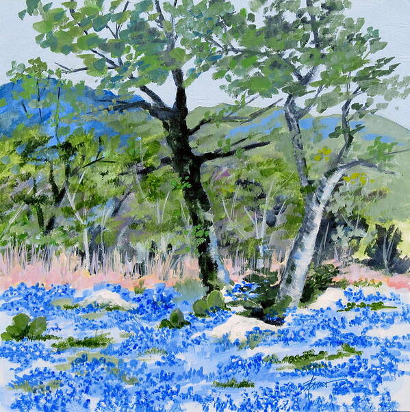 Wildflowers Art Print featuring the painting In April-Texas Bluebonnets by Adele Bower