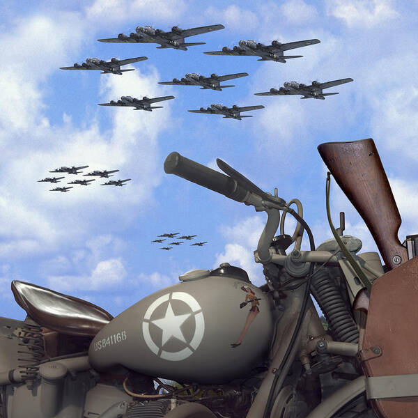 Ww2 Art Print featuring the photograph Indian 841 And The B-17 Bomber SQ by Mike McGlothlen