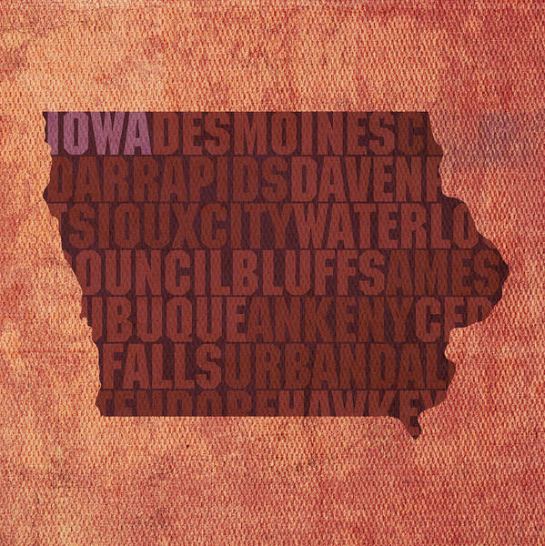 Iowa Word Art State Map On Canvas Art Print featuring the mixed media Iowa Word Art State Map on Canvas by Design Turnpike