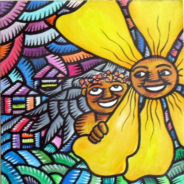 Northern Mariana Islands Art Print featuring the painting Island Girl and Sun Flower by Marconi Calindas