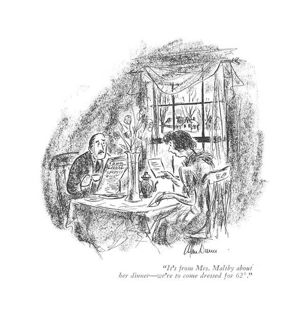 112427 Adu Alan Dunn Woman To Husband At Breakfast Table With Spring Flowers On The Table. Breakfast Cocktail Events ?owers Gatherings Husband Introductions Leisure Mingling Party Seasonal Seasons Social Socializing Spring Springtime Table Woman Art Print featuring the drawing It's From Mrs. Maltby About Her Dinner - We're by Alan Dunn