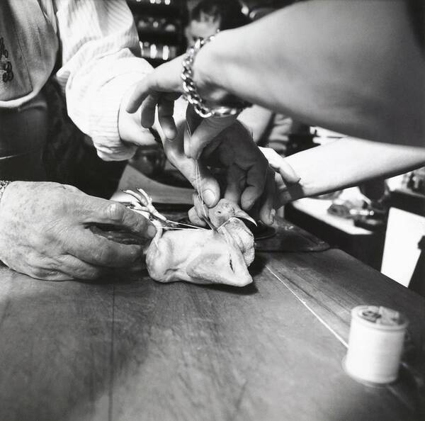 Indoors Art Print featuring the photograph James Beard Preparing Squab by Ernst Beadle