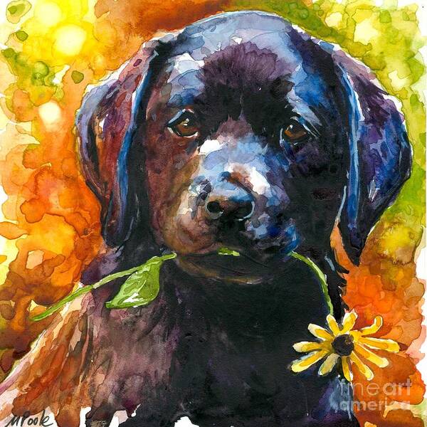 Black Lab Puppy Art Print featuring the painting Just Picked by Molly Poole