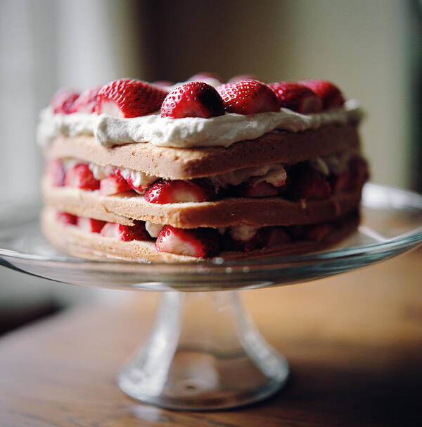 Close-up Art Print featuring the photograph Layered Strawberry Cake On Table by Danielle D. Hughson