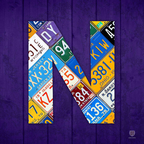 Letter Art Print featuring the mixed media Letter N Alphabet Vintage License Plate Art by Design Turnpike