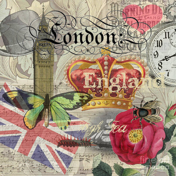 Doodlefly Art Print featuring the digital art London England Vintage Travel Collage by Mary Hubley