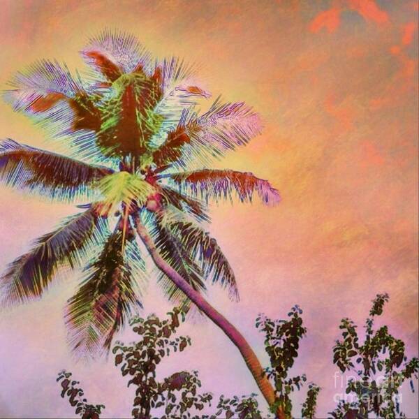 Sharkcrossing Art Print featuring the painting S Lone Palm Tree Against Orange Sky - Square by Lyn Voytershark