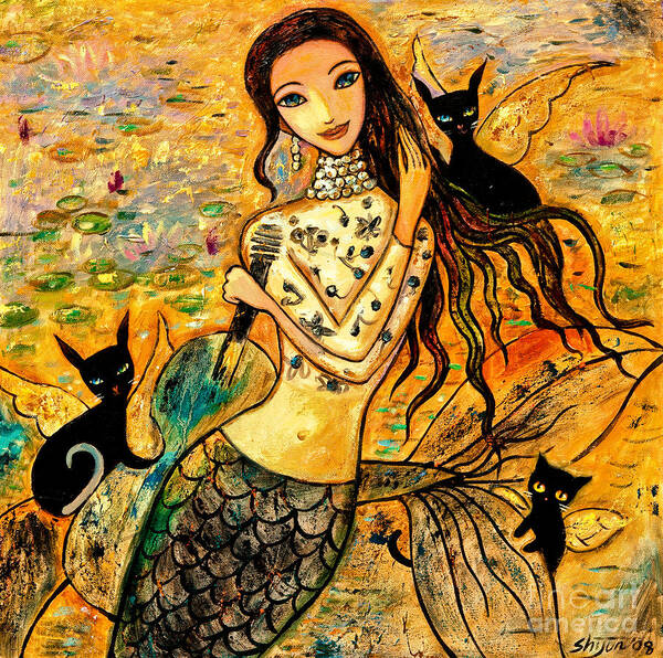 Mermaid Art Art Print featuring the painting Lotus Pool by Shijun Munns