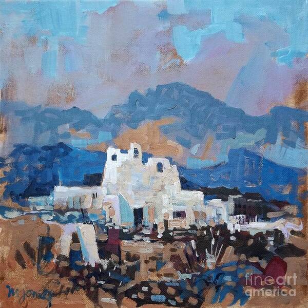 Southwest Art Print featuring the painting Mission at Dusk by Micheal Jones