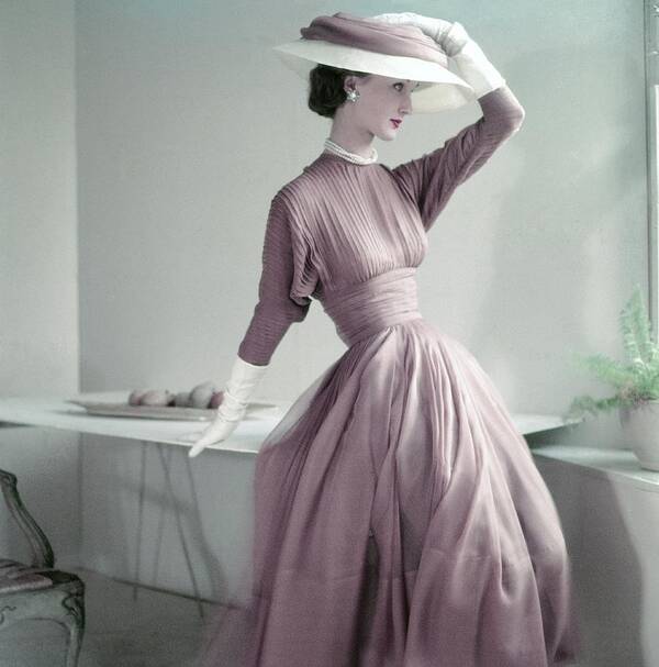 Fashion Art Print featuring the photograph Model Wearing A Pink Dress And Matching Hat by Frances McLaughlin-Gill
