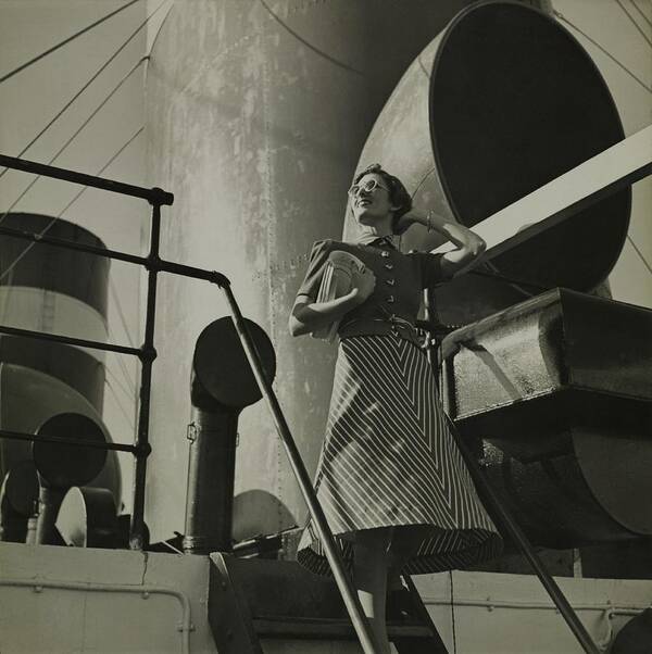 Accessories Art Print featuring the photograph Model Wearing A Striped Dress On A Boat by Toni Frissell