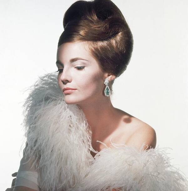 Studio Shot Art Print featuring the photograph Model Wearing Feather Boa And Earrings by Horst P. Horst